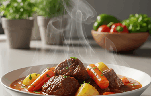 Tocăniță de vită cu legume servită într-un bol alb