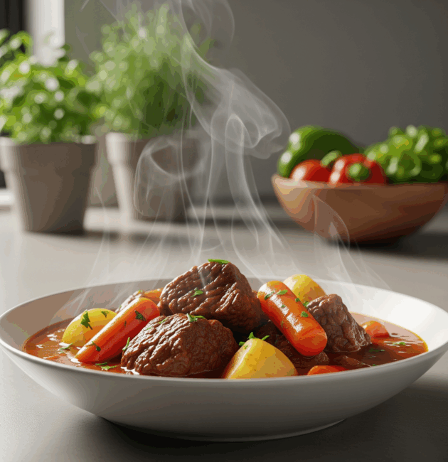 Tocăniță de vită cu legume servită într-un bol alb