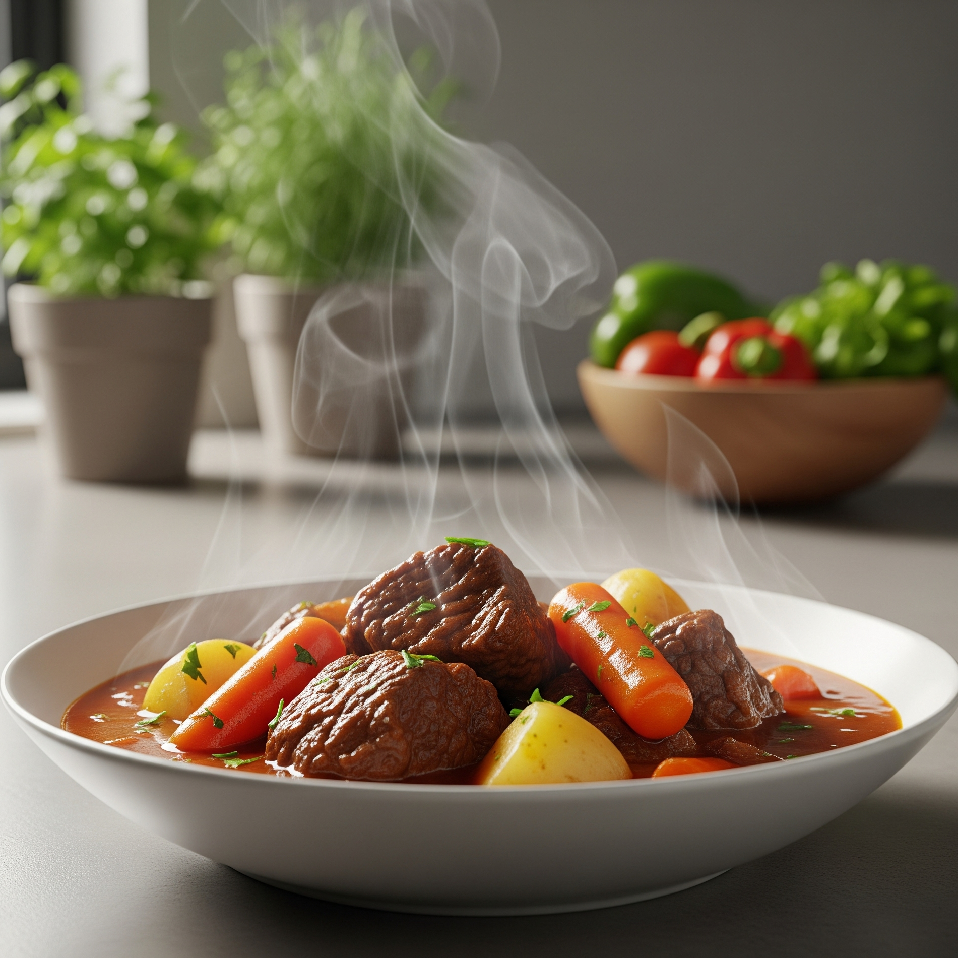 Tocăniță de vită cu legume servită într-un bol alb