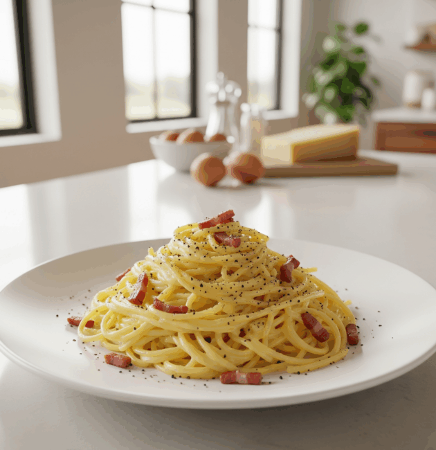 Spaghete carbonara fără smântână cu pancetta crocantă