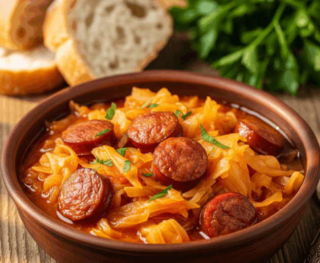 Farfurie cu varză călită și cârnați afumați