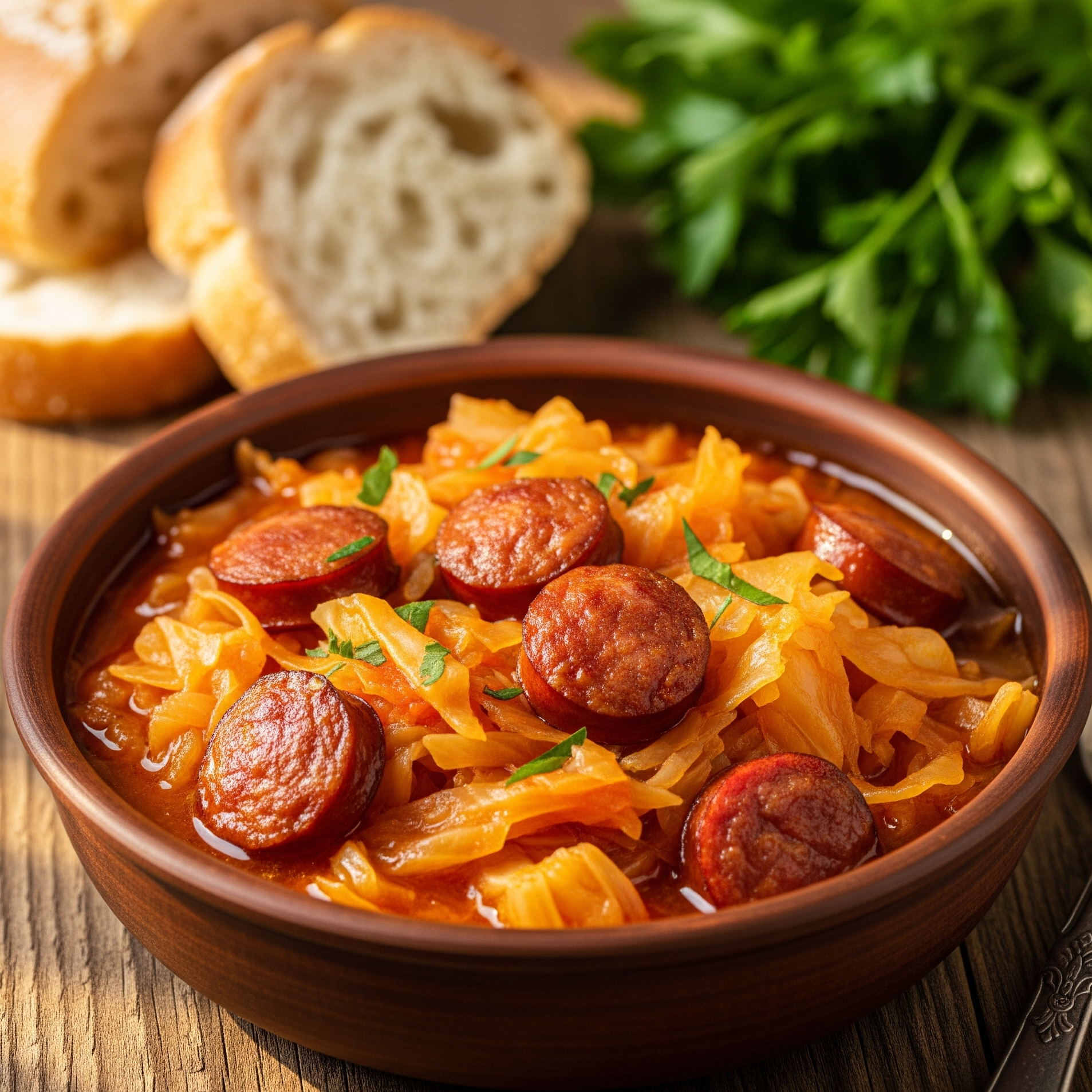 Farfurie cu varză călită și cârnați afumați