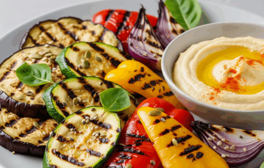 Legume la grătar servite cu humus pe farfurie elegantă