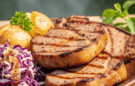 Ceafă de porc rumenită pe grătar cu salată de varză