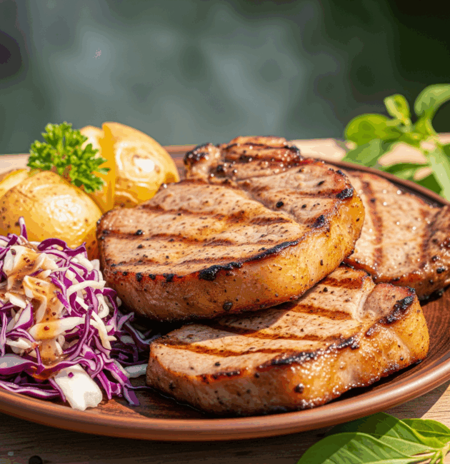 Ceafă de porc rumenită pe grătar cu salată de varză