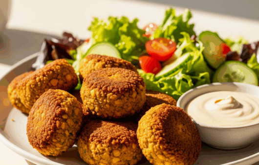 Chiftele de năut crocante, servite cu sos tahini și salată