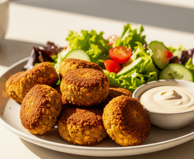 Chiftele de năut crocante, servite cu sos tahini și salată