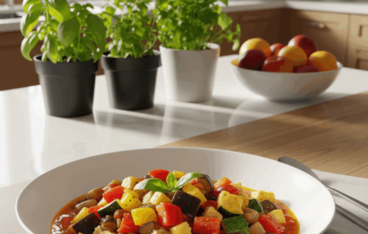 Tocană simplă de legume de vară, servită într-un bol