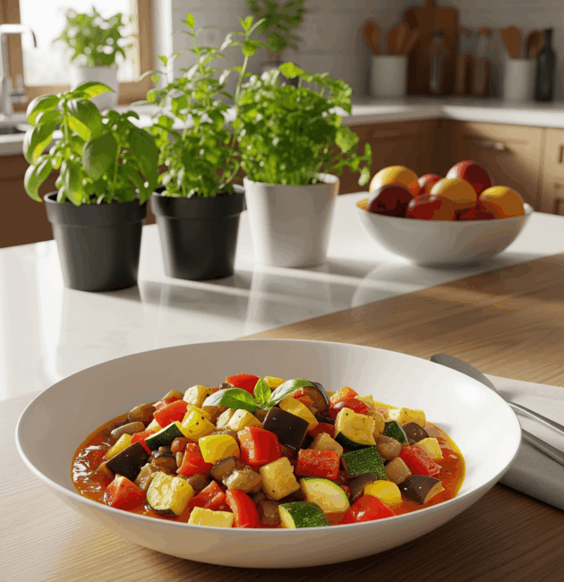 Tocană simplă de legume de vară, servită într-un bol