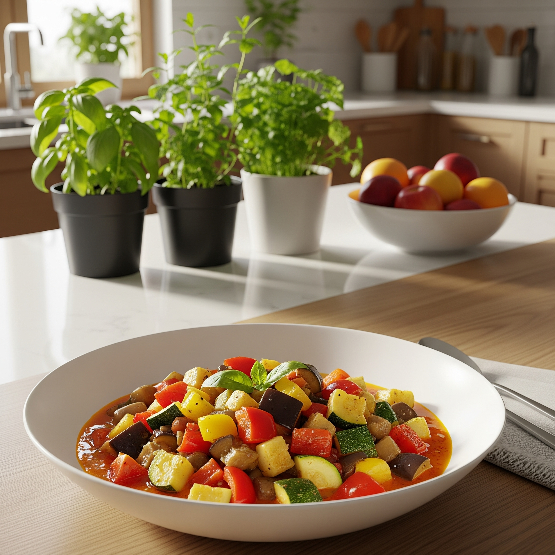 Tocană simplă de legume de vară, servită într-un bol