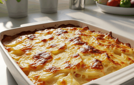 Cartofi gratinați cu brânză rumeniți, în tavă de cuptor