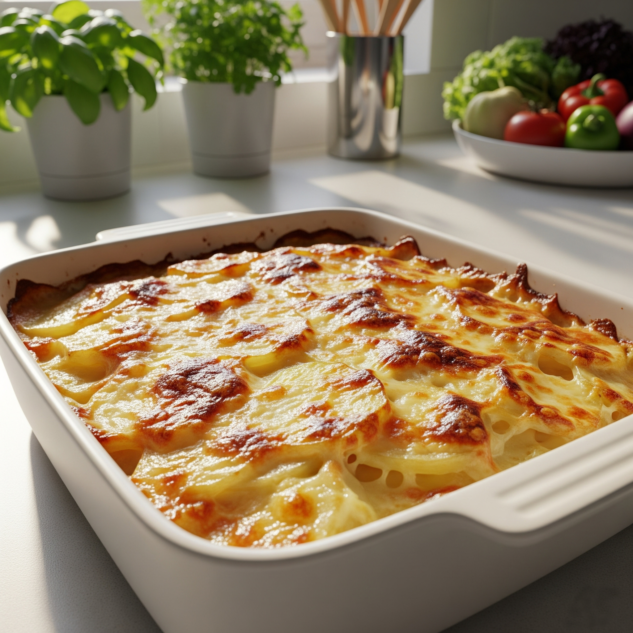 Cartofi gratinați cu brânză rumeniți, în tavă de cuptor
