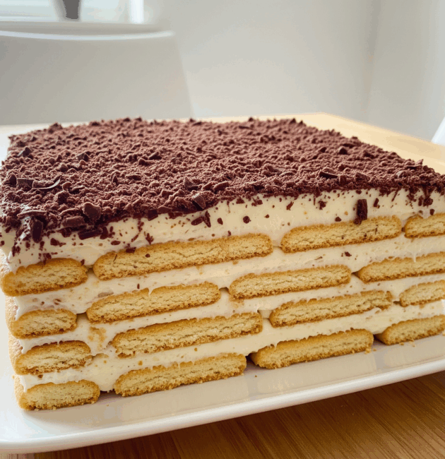 Tort cu biscuiți și cremă de vanilie, feliat, pe farfurie albă