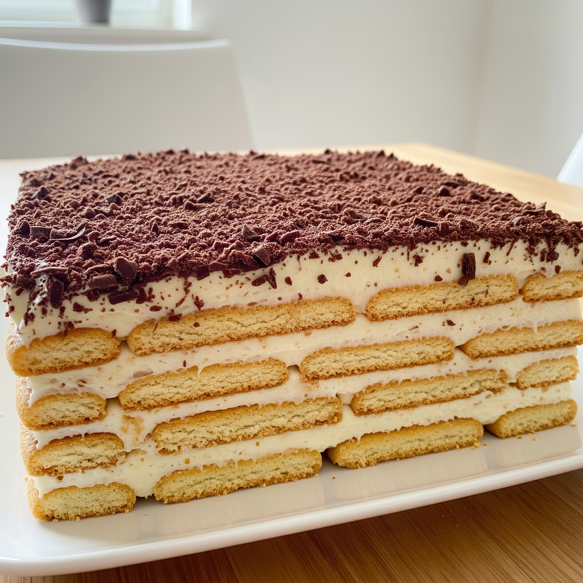 Tort cu biscuiți și cremă de vanilie, feliat, pe farfurie albă
