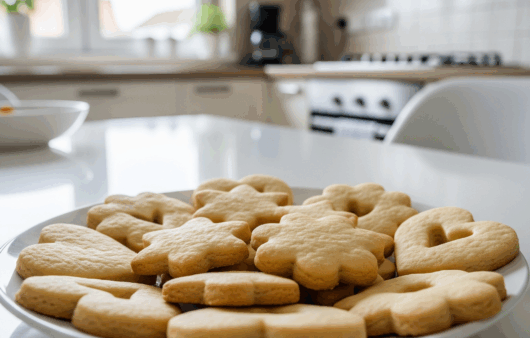 Biscuiți cu unt și vanilie, așezați pe o farfurie albă, în bucătărie modernă
