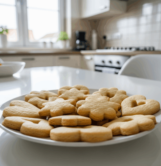 Biscuiți cu unt și vanilie, așezați pe o farfurie albă, în bucătărie modernă