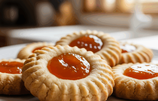 Fursecuri fragede cu gem roșu, pe o farfurie albă