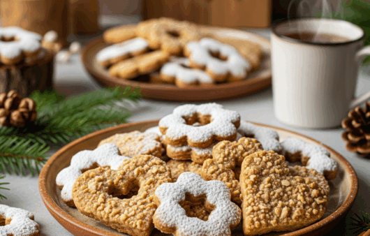 Biscuiți cu nucă, fragezi și rumeni, pe un platou rustic