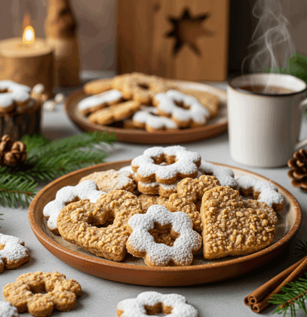 Biscuiți cu nucă, fragezi și rumeni, pe un platou rustic