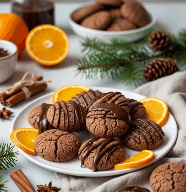 Fursecuri cu cacao și portocală, glazurate, pe farfurie albă