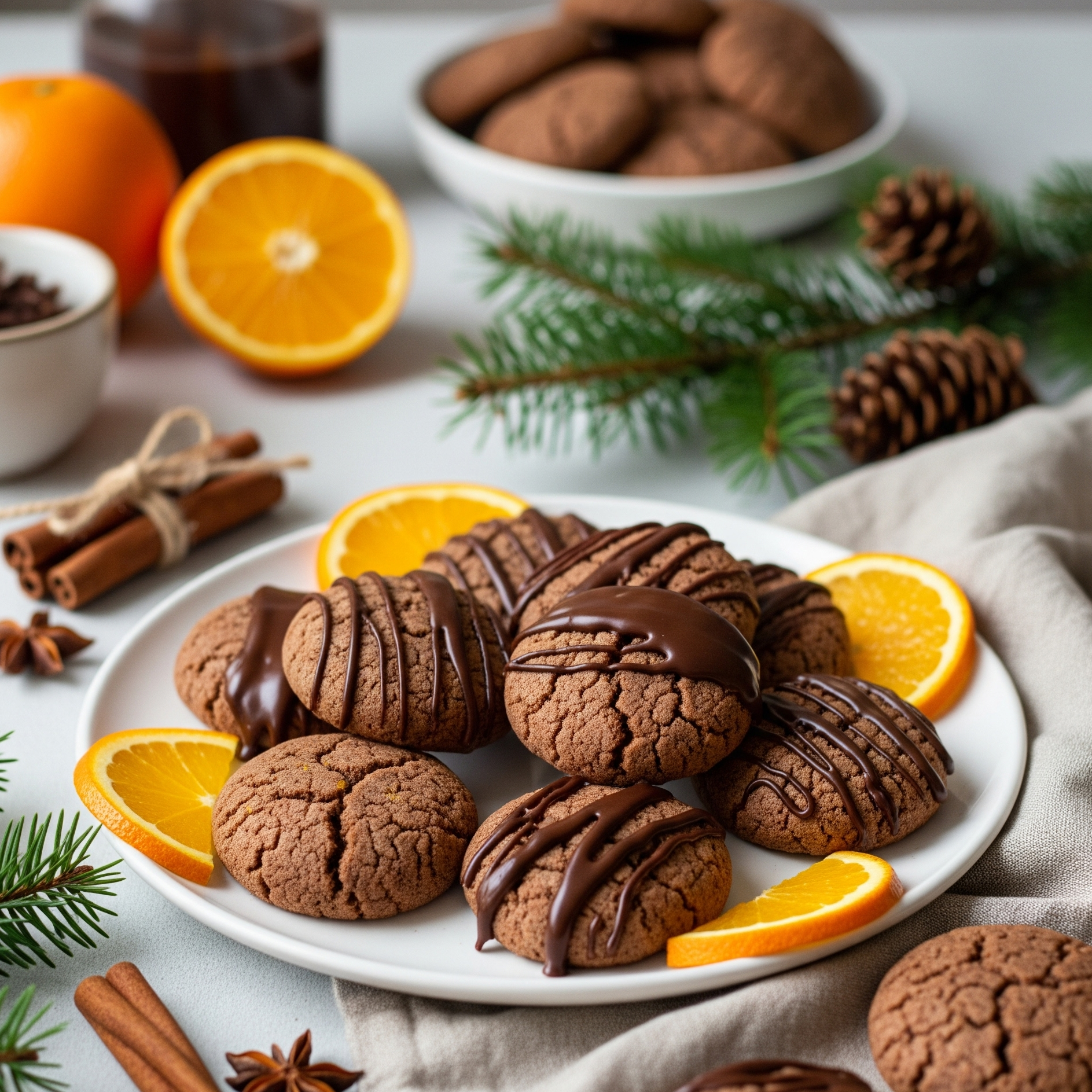 Fursecuri cu cacao și portocală, glazurate, pe farfurie albă