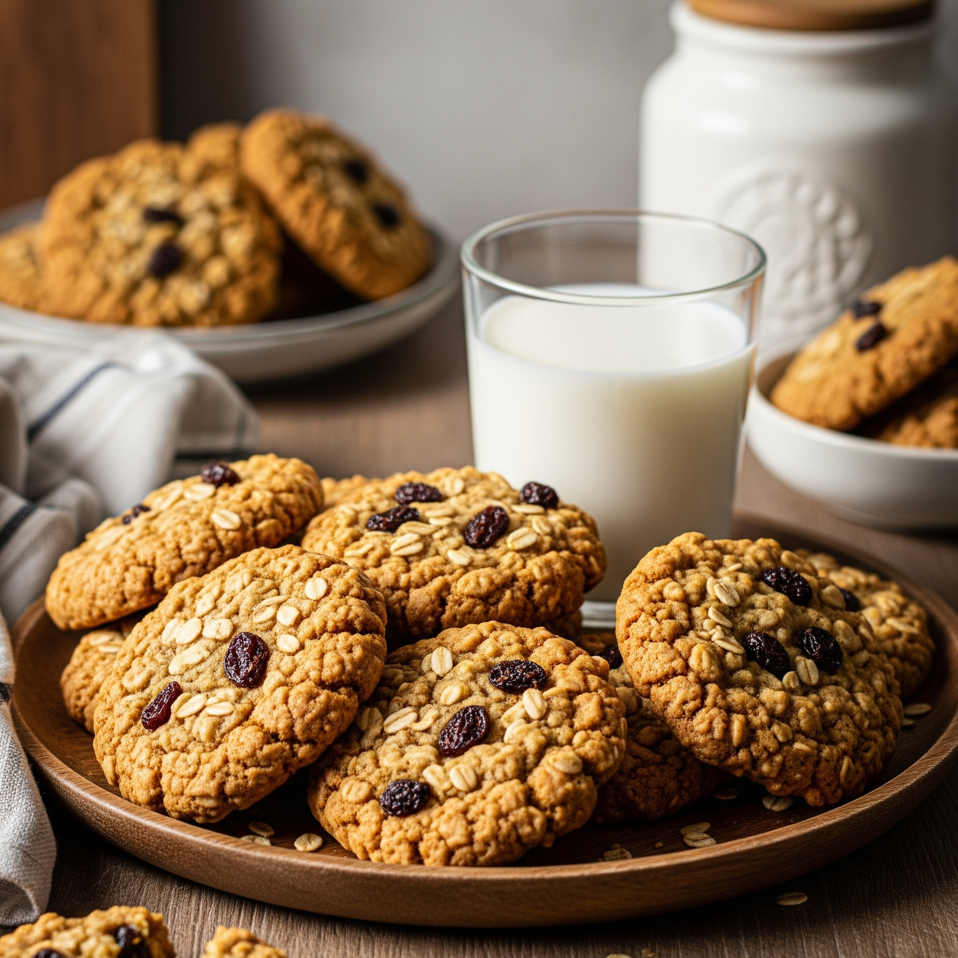 Biscuiți rumeni cu ovăz și stafide, pe farfurie rustică