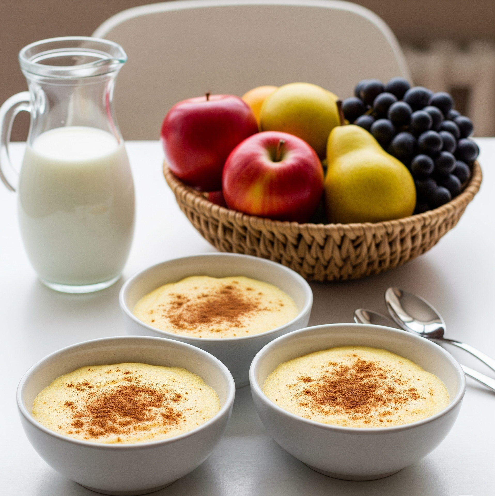 Budincă de griș cu lapte, servită modern, cu scorțișoară presărată