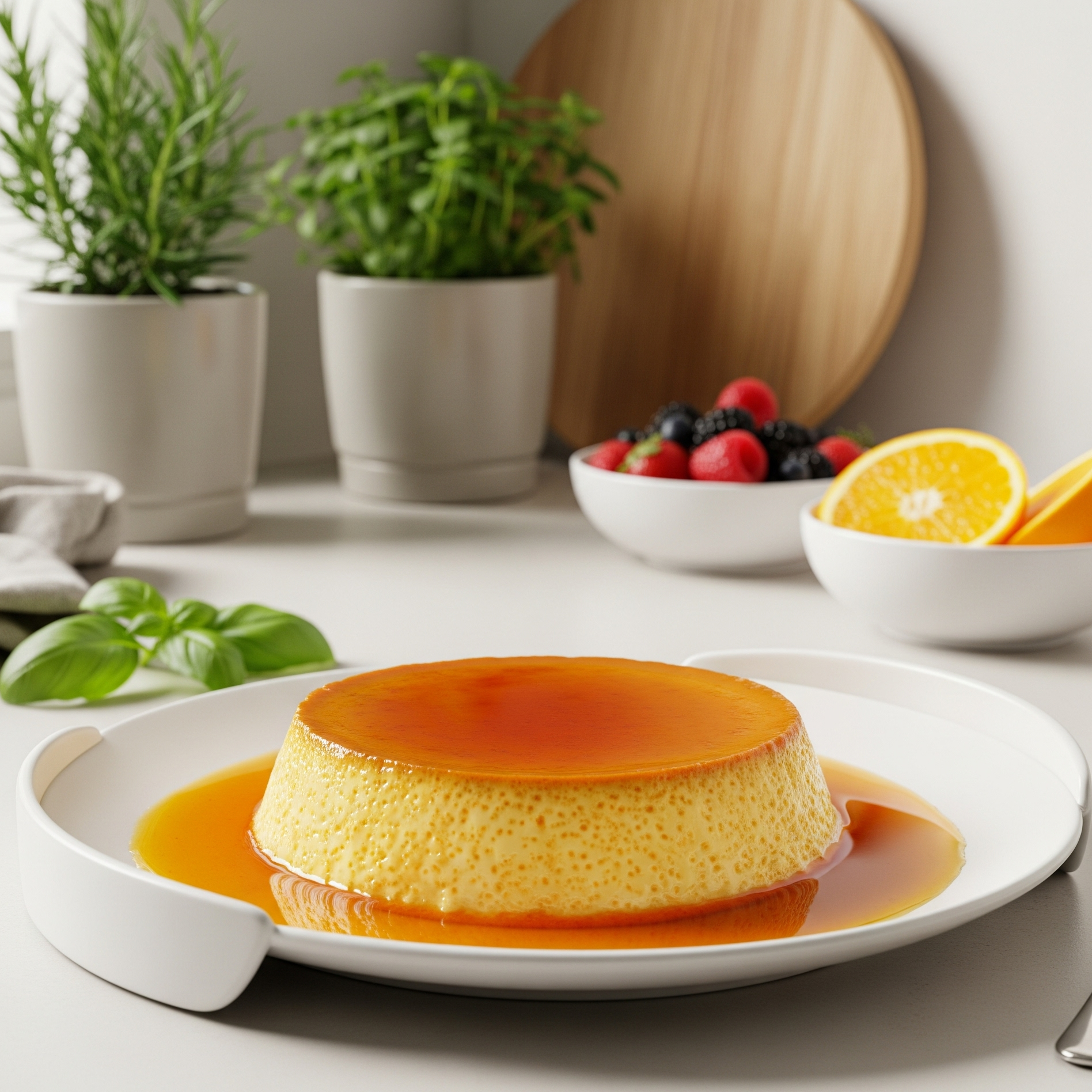 Cremă de zahăr ars cu sos caramel, servită elegant
