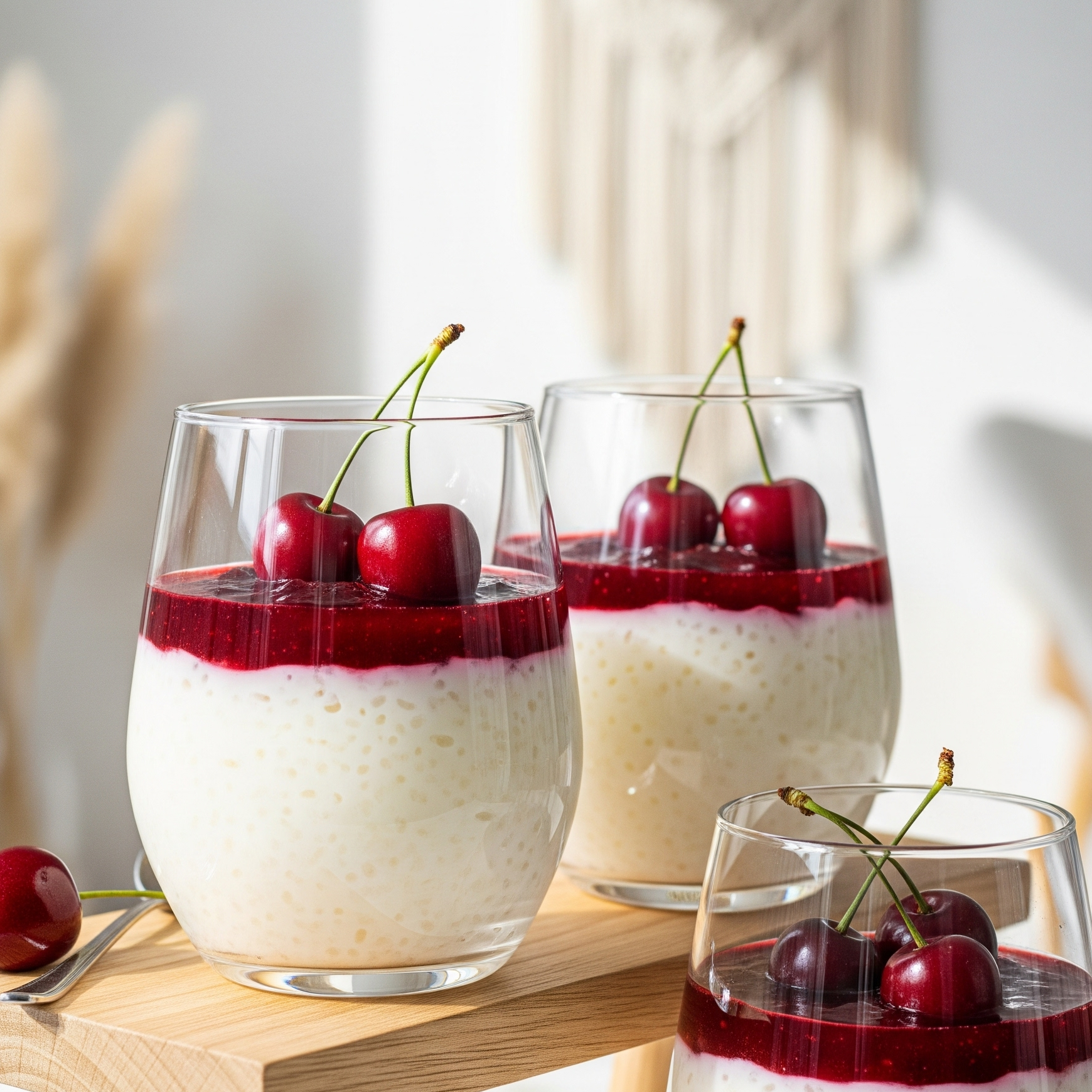 Budincă de orez cu lapte, servită modern, cu gem și cireșe