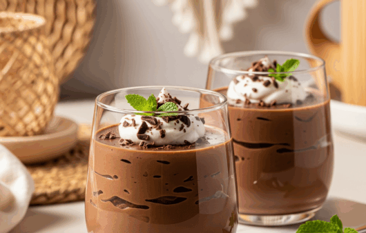Budincă de ciocolată cu lapte, servită modern în pahar de desert