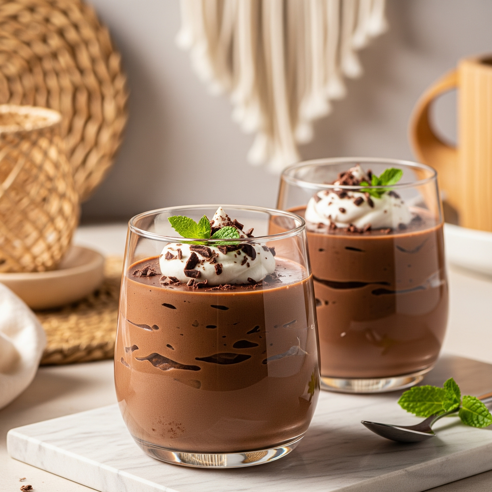 Budincă de ciocolată cu lapte, servită modern în pahar de desert