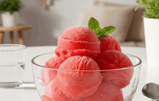 Sorbet de pepene roșu, servit în bol modern, cu mentă și cuburi de pepene