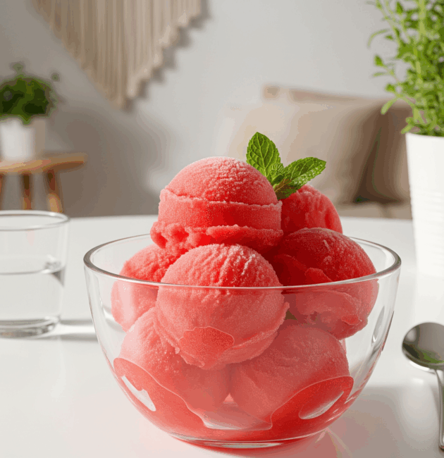 Sorbet de pepene roșu, servit în bol modern, cu mentă și cuburi de pepene
