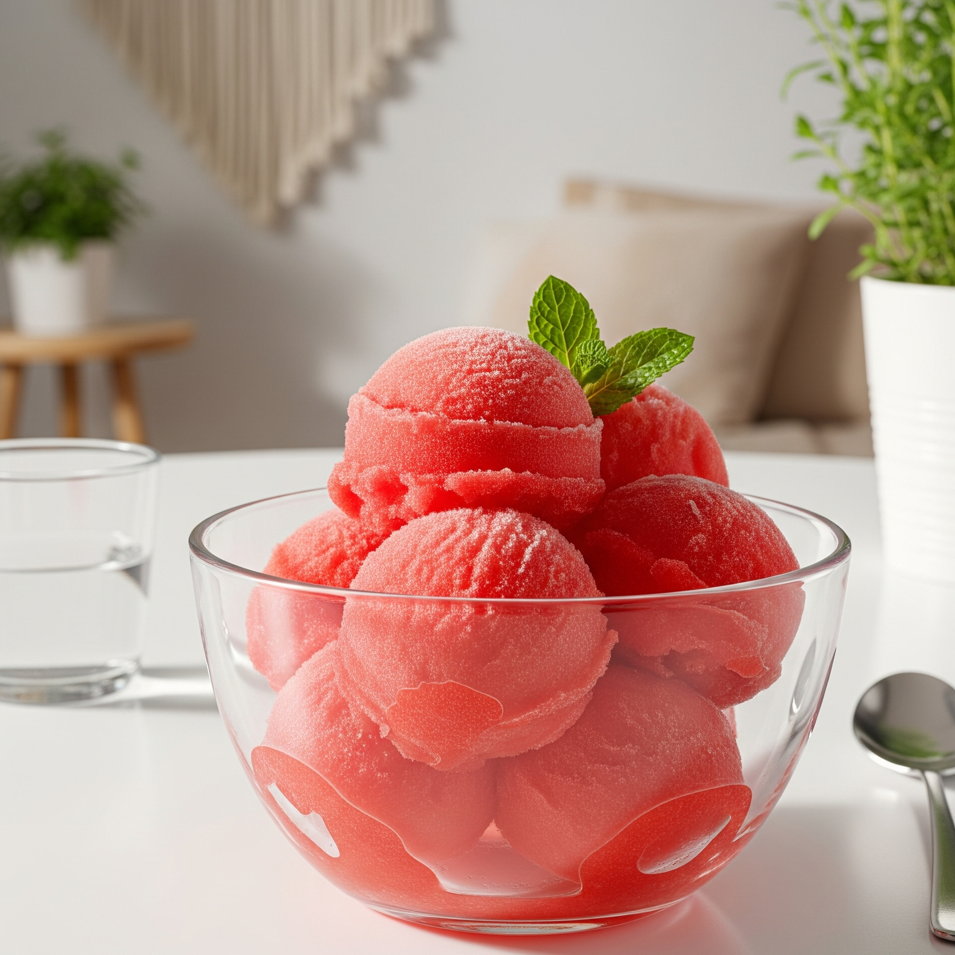 Sorbet de pepene roșu, servit în bol modern, cu mentă și cuburi de pepene