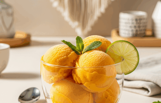 Sorbet de mango și lime servit modern, cu mentă și lime proaspăt