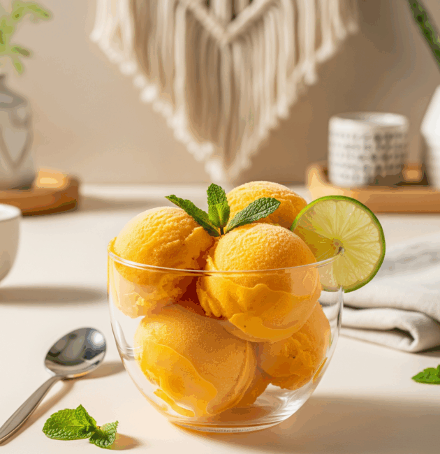 Sorbet de mango și lime servit modern, cu mentă și lime proaspăt