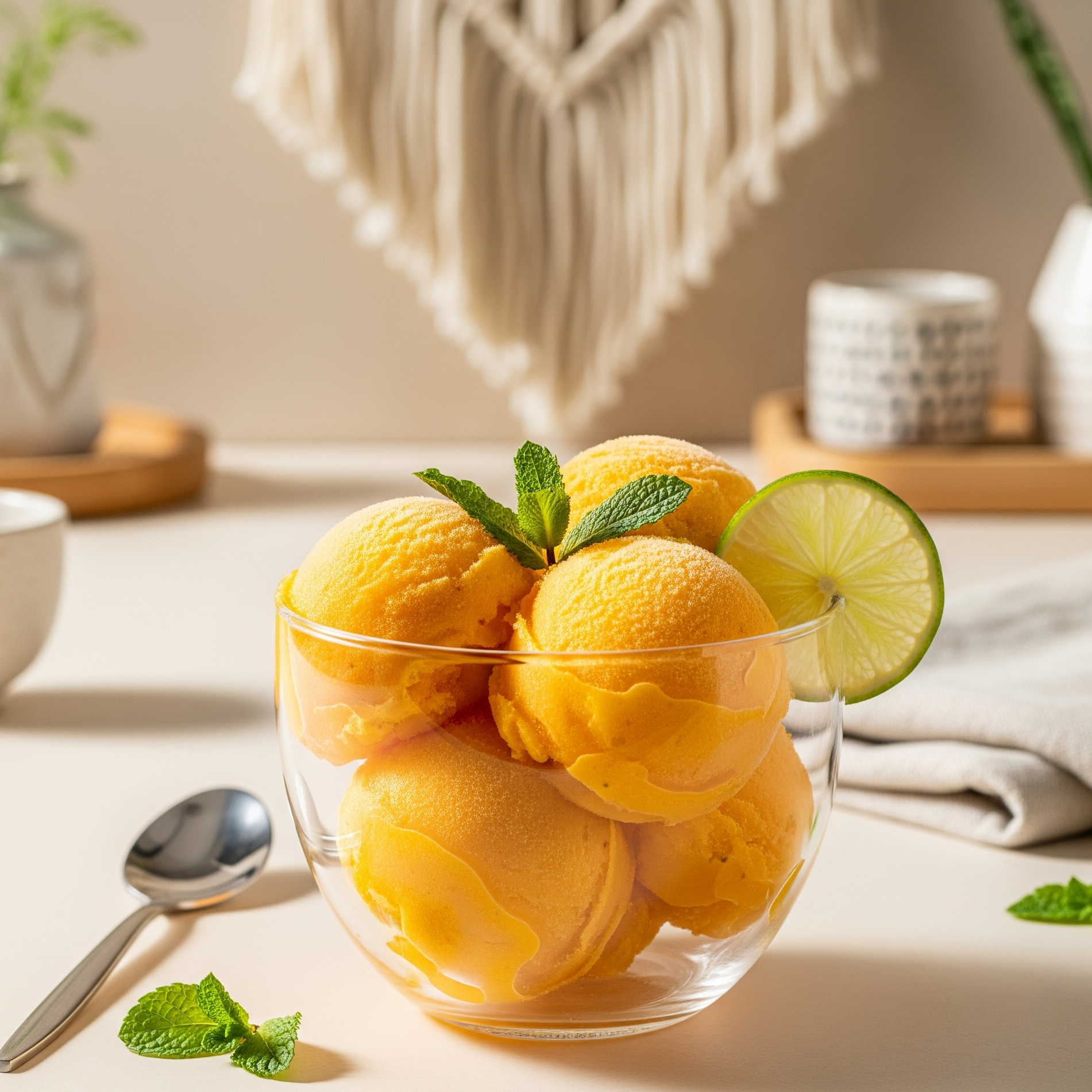 Sorbet de mango și lime servit modern, cu mentă și lime proaspăt