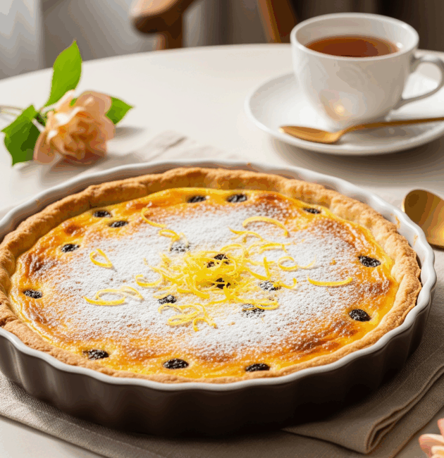 Tartă coaptă cu brânză dulce și stafide, în tavă ceramică, decor cald