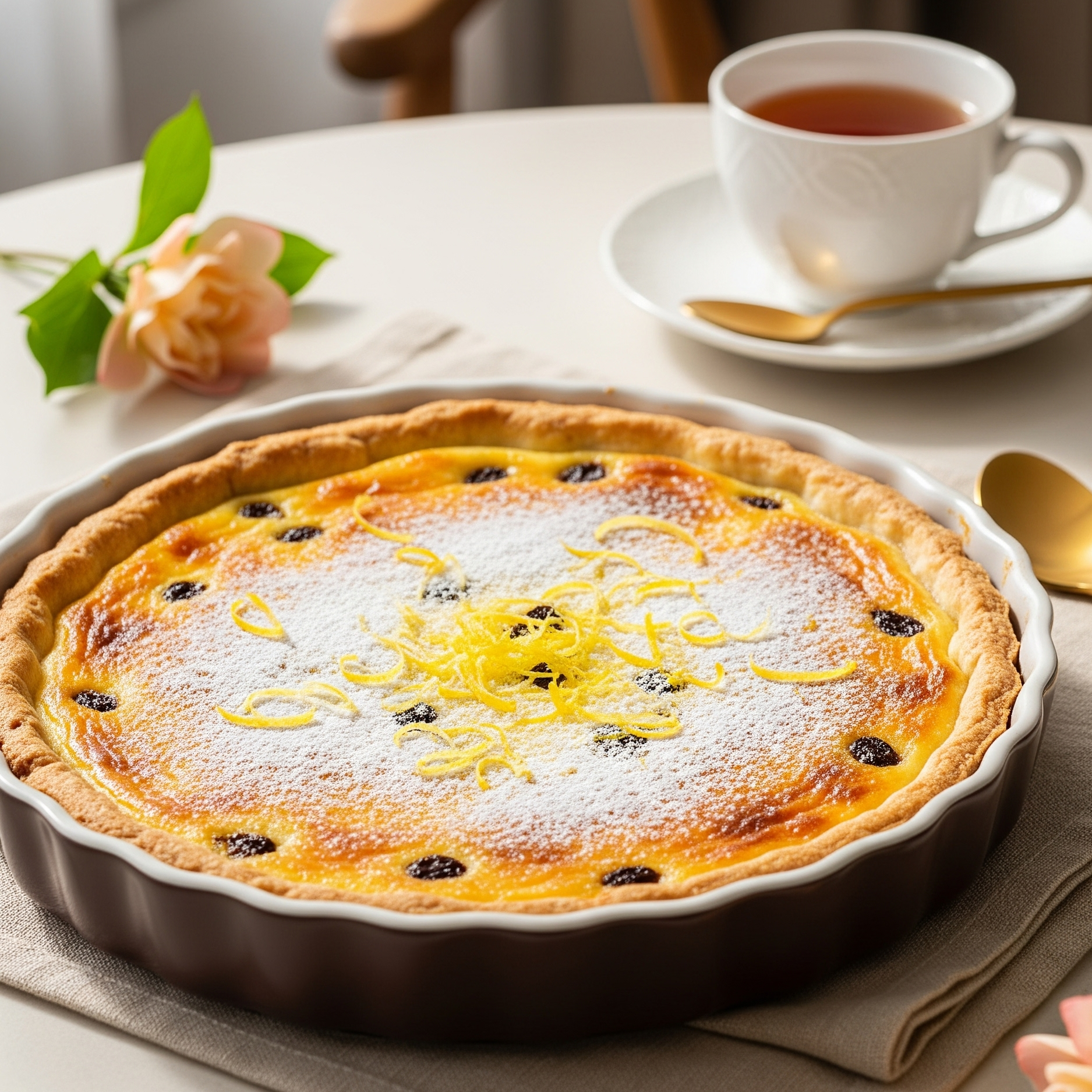 Tartă coaptă cu brânză dulce și stafide, în tavă ceramică, decor cald