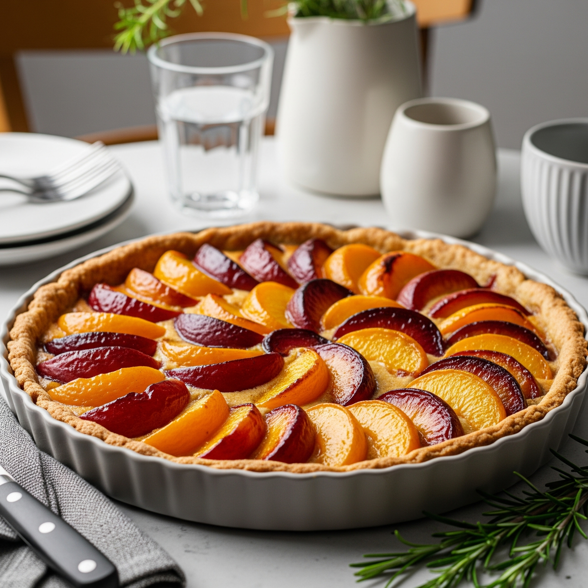 Tartă cu fructe din compot coaptă în tavă rotundă, văzută de sus