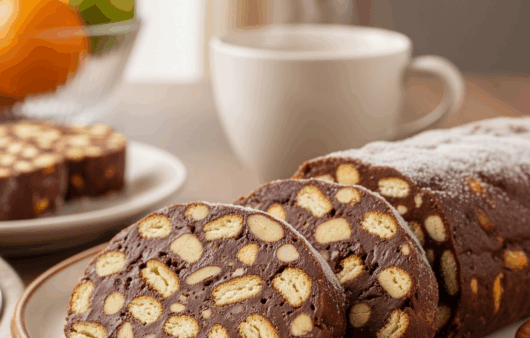Salam de biscuiți cu cacao tăiat felii, o farfurie ceramică, decorat cu zahăr pudră