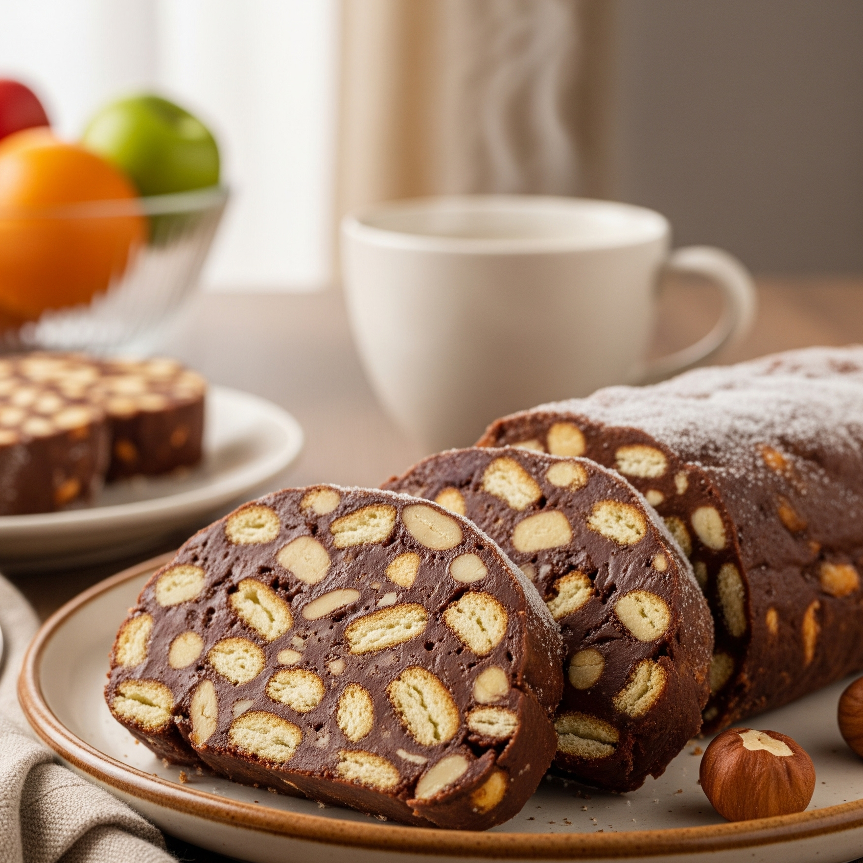 Salam de biscuiți cu cacao tăiat felii, o farfurie ceramică, decorat cu zahăr pudră