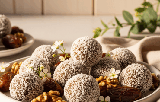 Bomboane raw rotunde, acoperite cu fulgi de cocos, pe un platou alb