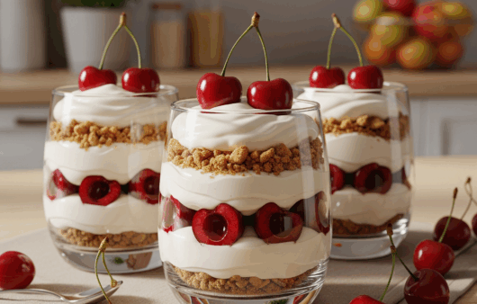 Pahar cu desert în straturi de cremă mascarpone, vișine și biscuiți
