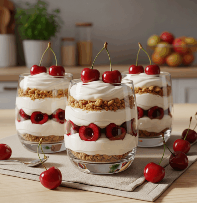 Pahar cu desert în straturi de cremă mascarpone, vișine și biscuiți