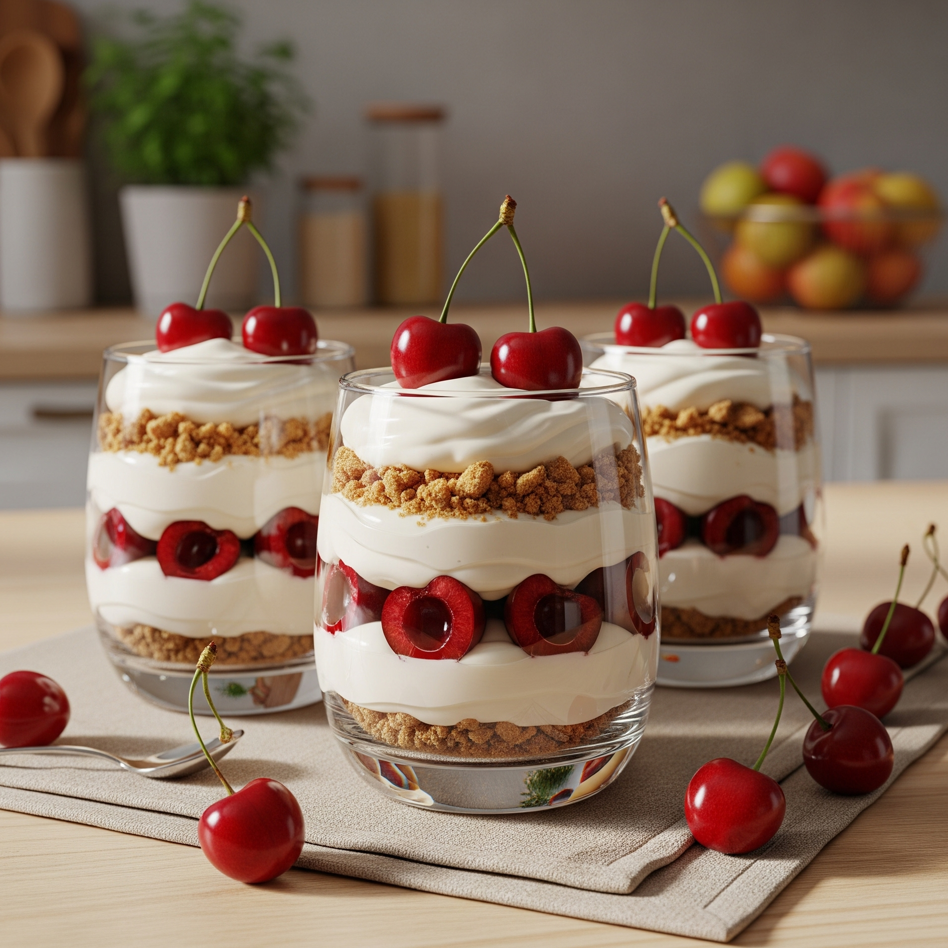 Pahar cu desert în straturi de cremă mascarpone, vișine și biscuiți