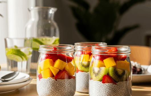 Budincă de chia cu lapte vegetal și fructe proaspete, servită într-un borcan