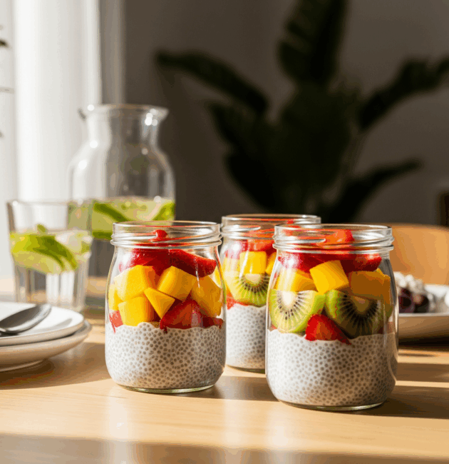 Budincă de chia cu lapte vegetal și fructe proaspete, servită într-un borcan