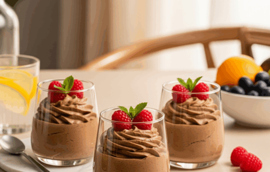 Mousse de avocado cu cacao, servit într-un pahar modern, decorat cu zmeură și mentă