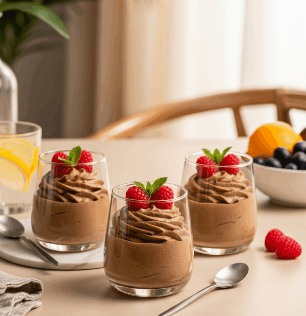 Mousse de avocado cu cacao, servit într-un pahar modern, decorat cu zmeură și mentă